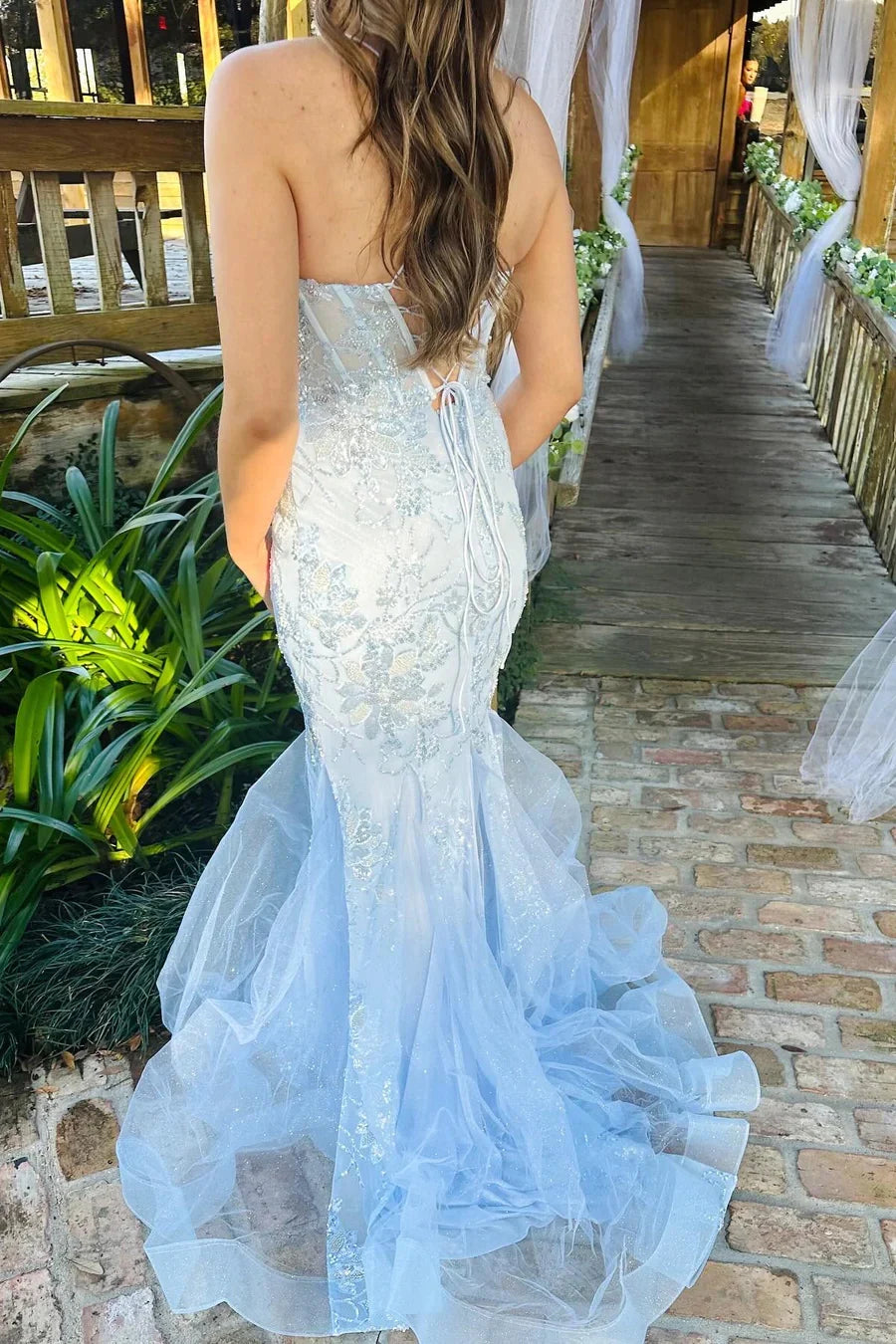 Light Blue Scoop Neck Sequin Lace Trumpet Long Prom Dresses