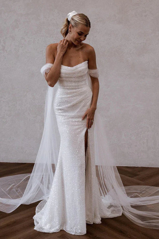 Charming Mermaid Off the Shoulder Sequins Wedding Dresses with Slit