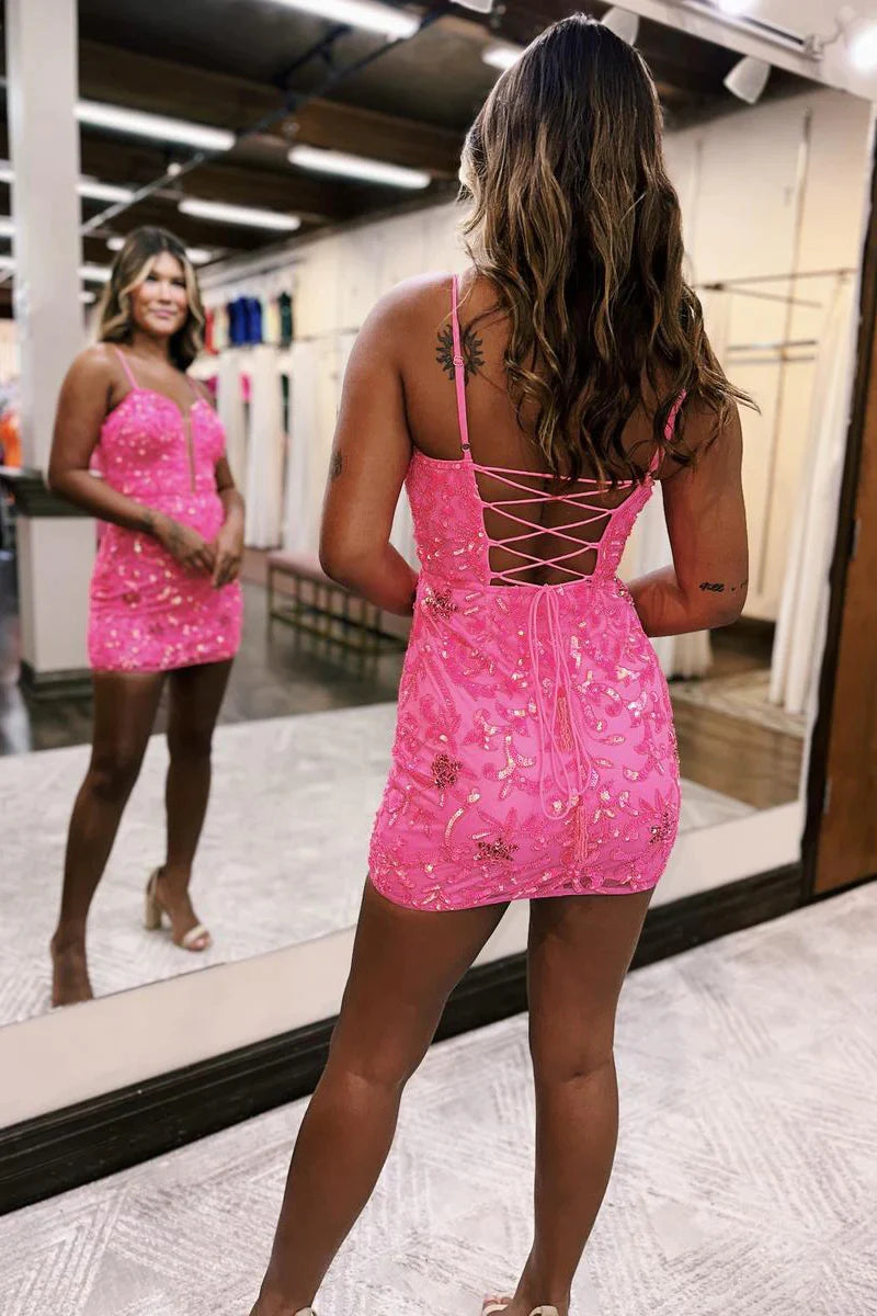 Hot Pink Spaghetti Straps Sequin Lace Tight Short Homecoming Dress