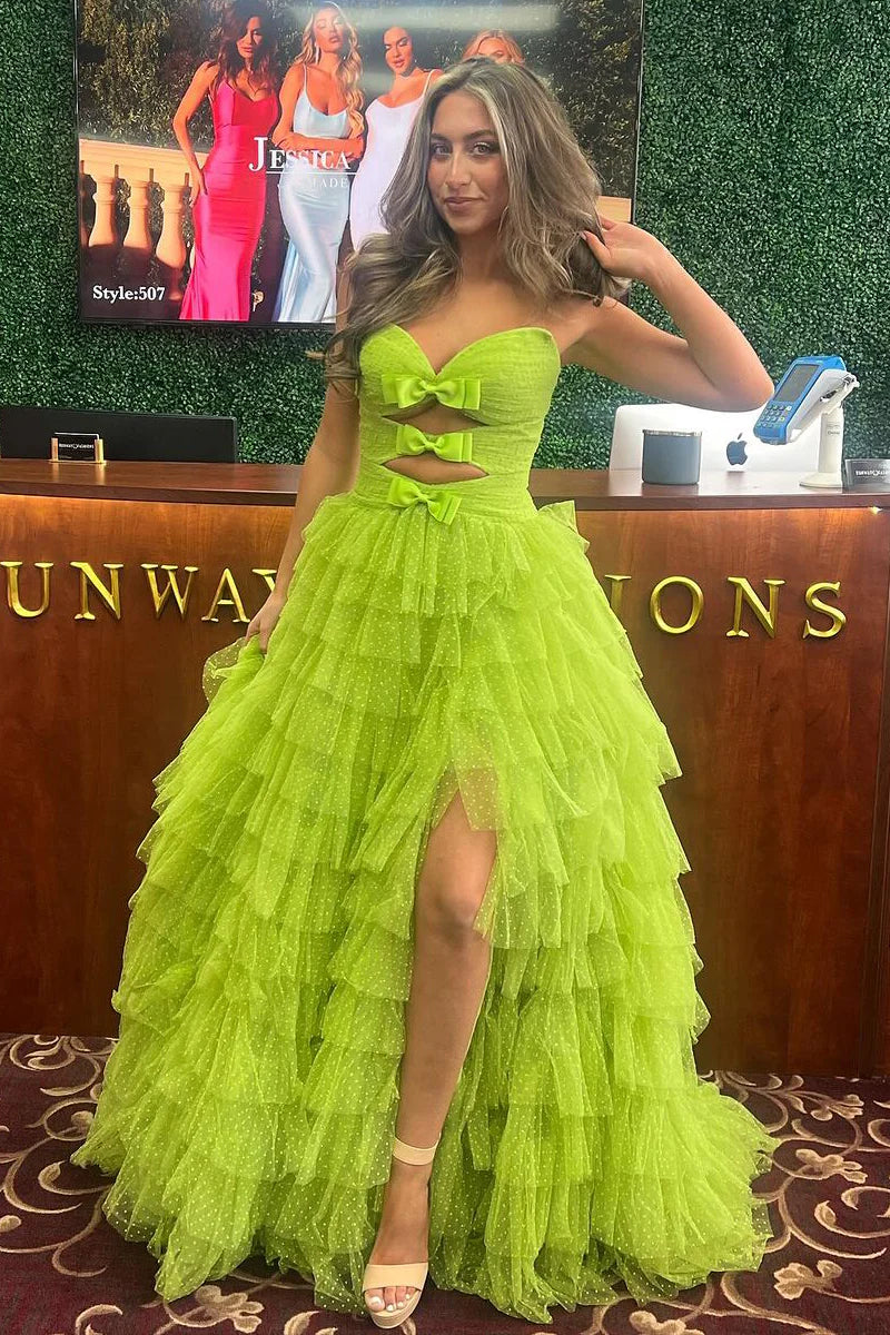 Green Strapless Ruffle Tiered Tulle Long Prom Dresses with Slit