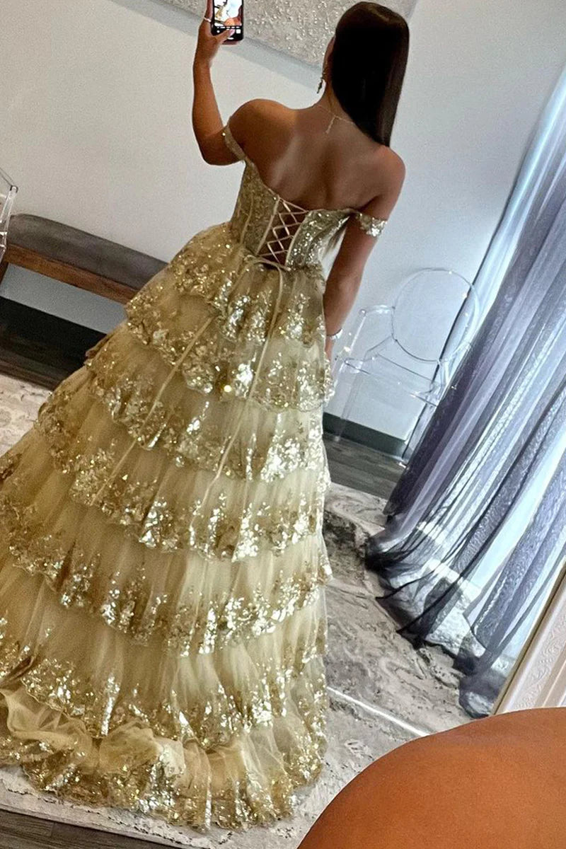 Ball Gown Off the Shoulder Gold Sequin Lace Prom Dress