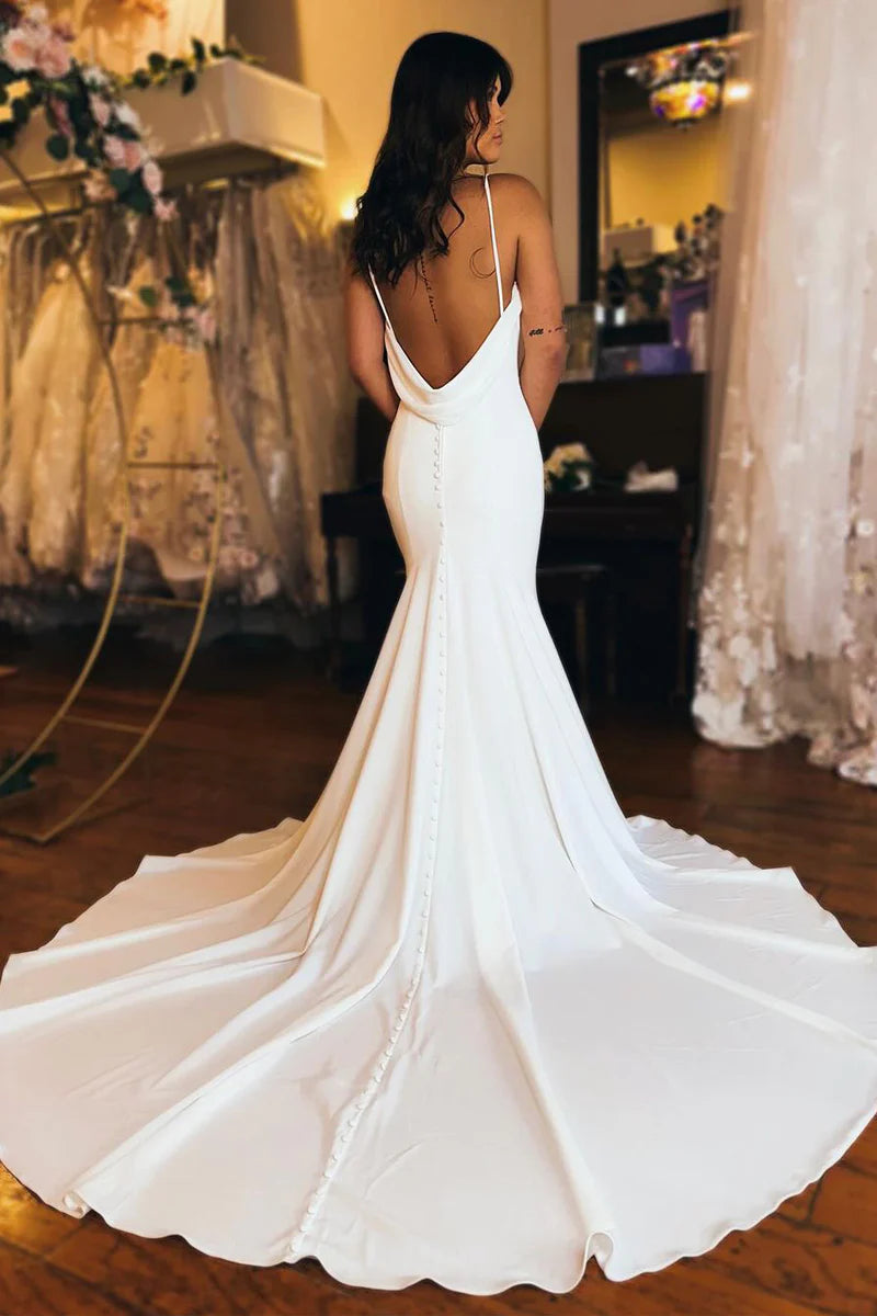 Simple Mermaid V Neck White Satin Wedding Dresses