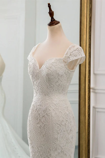 Sweetheart Lace Long Mermaid Wedding Gown Cap Sleeves