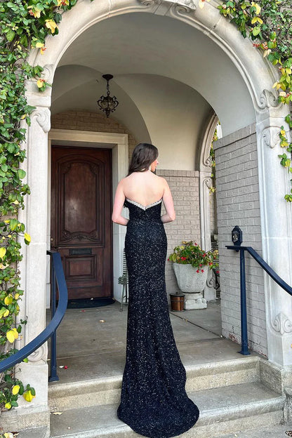 Black V Neck Sequin Mermaid Long Prom Dresses with Beads