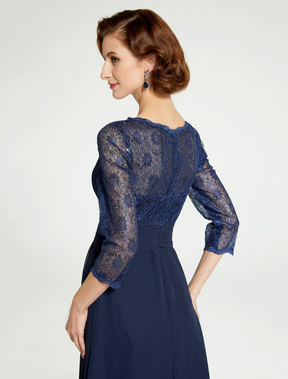 A-Line Mother of the Bride Dress Jewel Neck Floor Length Chiffon Lace 3/4 Length Sleeve with Lace Ruching