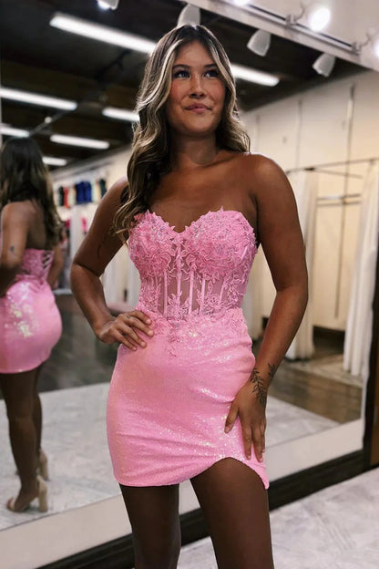 Sparkly Pink Corset Detachable Short Sleeves Sequins Tight Short Homecoming Dress with Lace