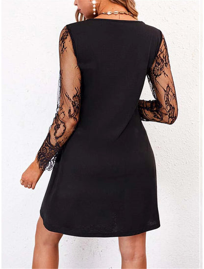 Women's Black Dress Sequin Dress Party Dress Lace Dress Mini Dress Black Long Sleeve Pure Color Lace Spring Fall Winter V Neck Fashion Winter Dress Wedding Guest