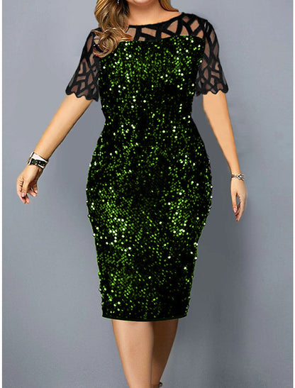 Women's Plus Size Party Dress Sequin Dress Lace Dress Cocktail Dress Midi Dress Fuchsia Green Dark Blue Short Sleeve Pure Color Sequins Spring Fall Winter Crew Neck