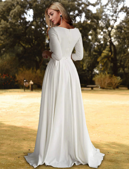 Hall Casual Fall Wedding Dresses A-Line Scoop Neck 3/4 Length Sleeve Sweep / Brush Train Stretch Fabric Bridal Gowns With Pleats Solid Color Summer Wedding Party, Women's Clothing