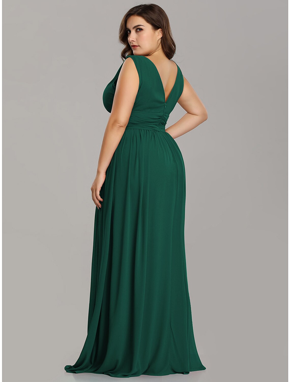 A-Line Plus Size Wedding Guest Formal Evening Dress V Neck V Back Sleeveless Floor Length Chiffon with Pleats