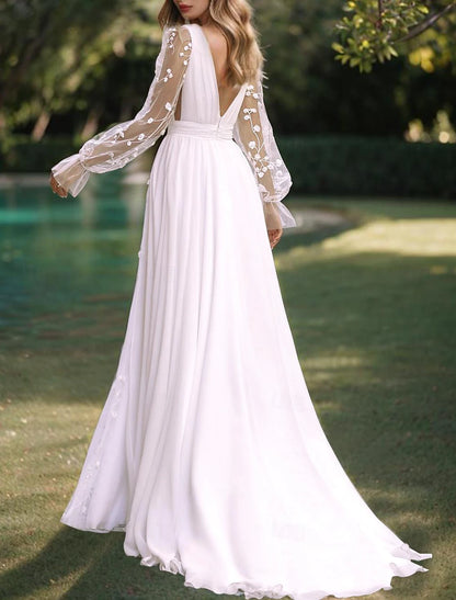 Beach Wedding Dresses A-Line V Neck Long Sleeve Floor Length Chiffon Bridal Gowns With Solid Color