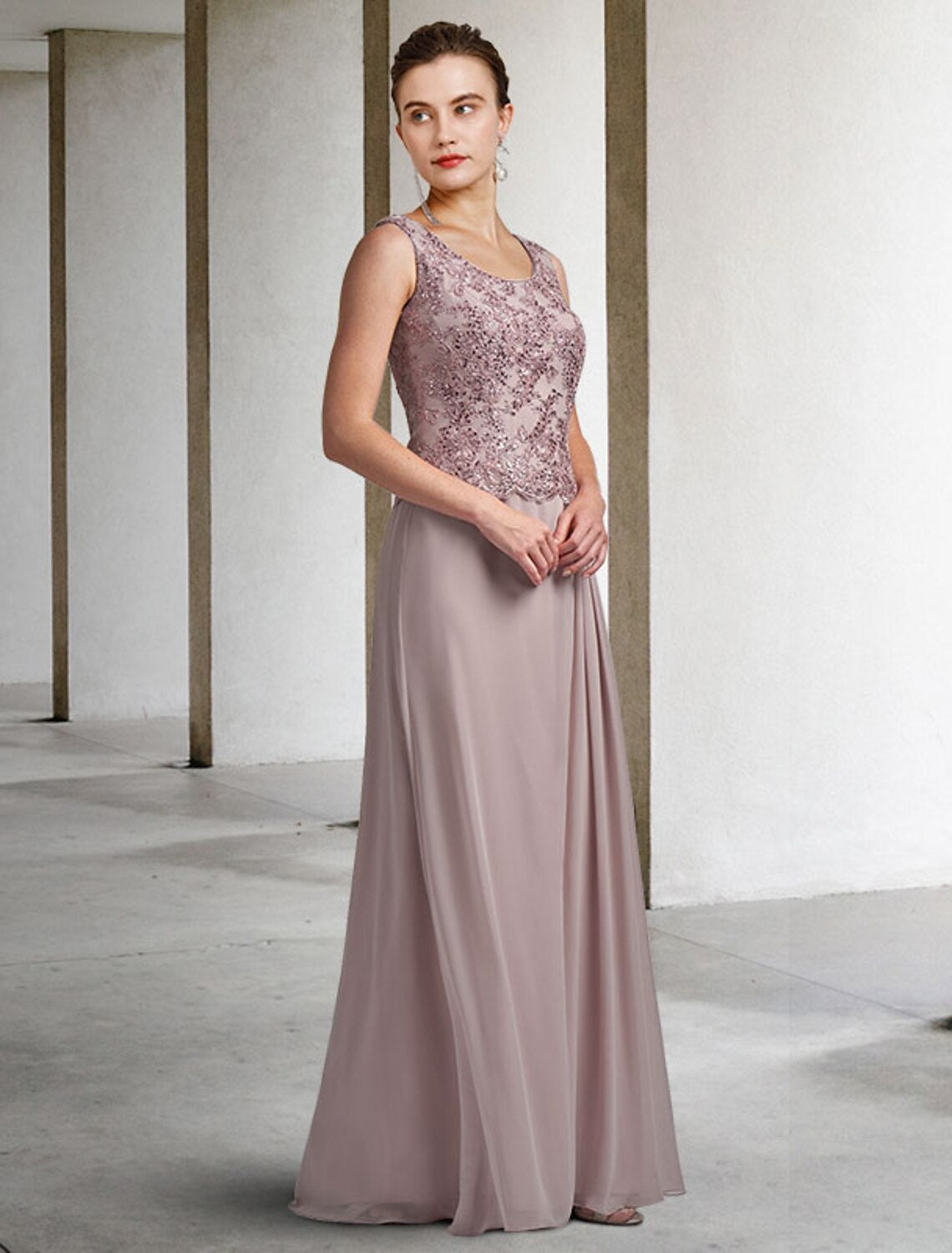 Two Piece Sheath / Column Mother of the Bride Dress Plus Size Elegant Jewel Neck Floor Length Chiffon Lace Sleeveless Wrap Included with Sequin Appliques