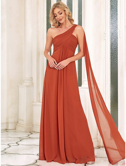 A-Line Evening Gown Empire Dress Wedding Guest Formal Evening Floor Length Sleeveless One Shoulder Bridesmaid Dress Chiffon Backless with Pleats Draping