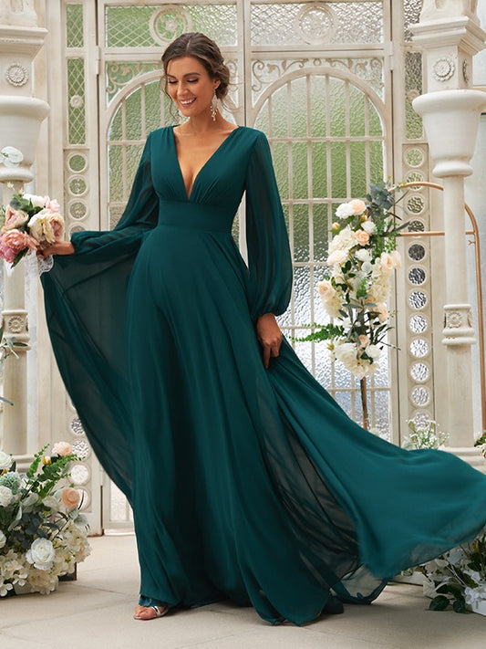 A-Line/Princess Chiffon Ruffles V-neck Long Sleeves Sweep/Brush Train Bridesmaid Dresses