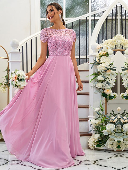 A-Line/Princess Chiffon Lace Scoop Short Sleeves Floor-Length Bridesmaid Dresses