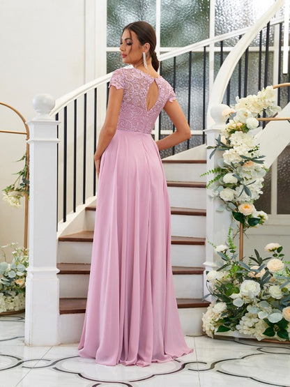 A-Line/Princess Chiffon Lace Scoop Short Sleeves Floor-Length Bridesmaid Dresses