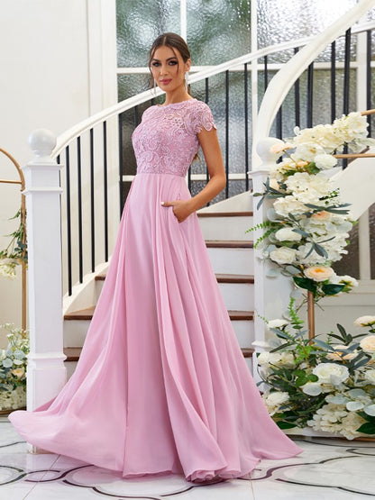 A-Line/Princess Chiffon Lace Scoop Short Sleeves Floor-Length Bridesmaid Dresses