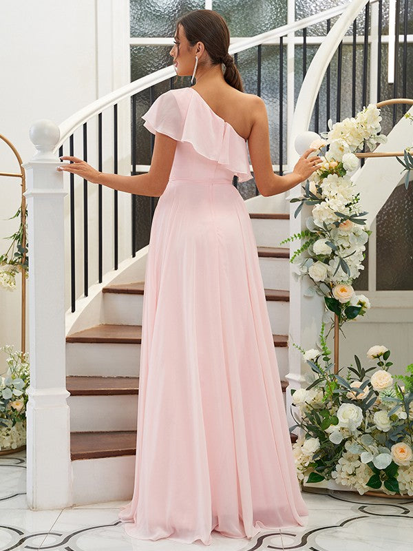 A-Line/Princess Chiffon Ruffles One-Shoulder Sleeveless Floor-Length Bridesmaid Dresses