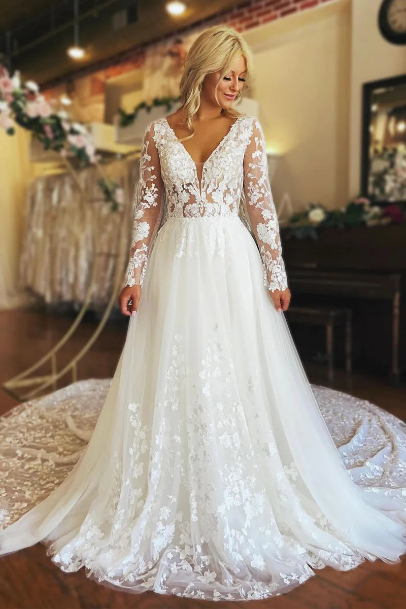 A-Line V Neck Long Sleeve Tulle Lace Wedding Dresses