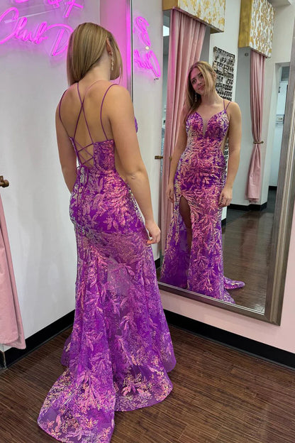 Purple Sequins Lace V Neck Mermaid Long Prom Dress with Slit