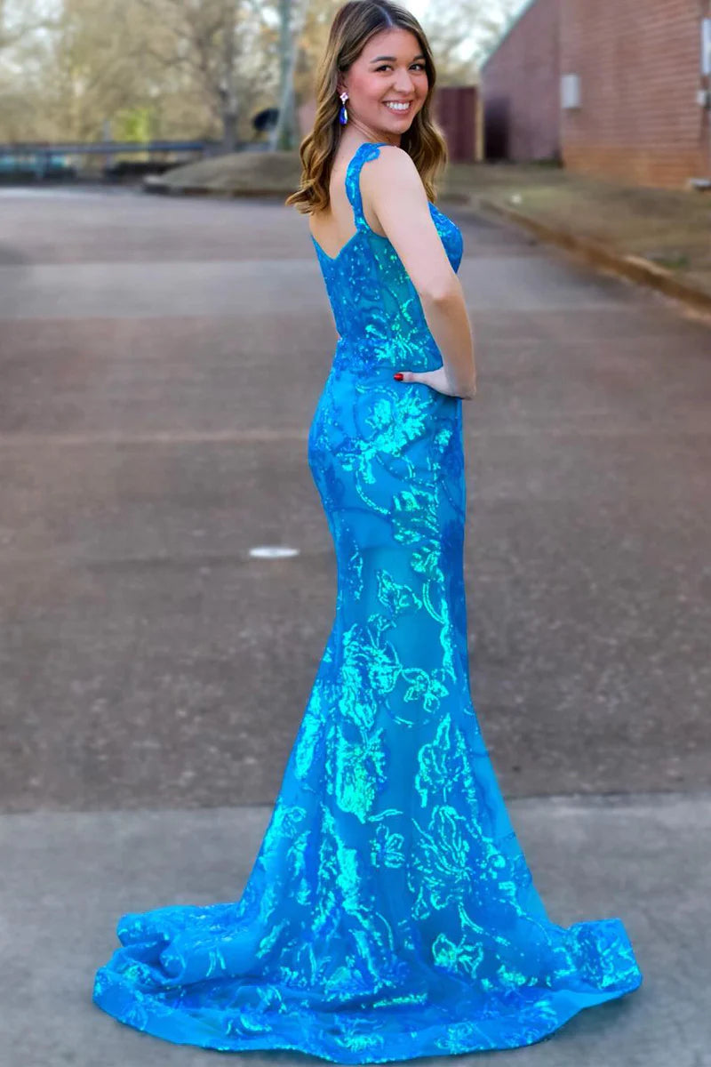 Blue Sequins Lace Mermaid Long Prom Dress with Slit