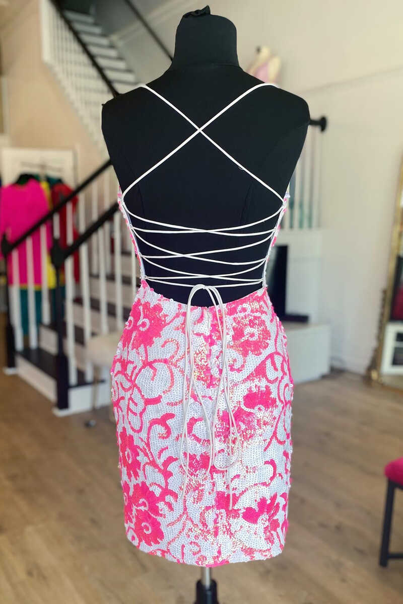 Pink V Neck Sequins Bodycon Short Prom Dresses Mini Cocktail Dress