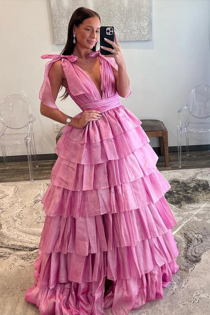 Pink V Neck Tiered Taffeta Long Prom Dresses with Bow