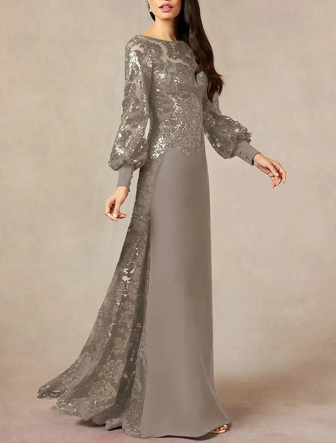 A-Line Mother of the Bride Dress Formal Wedding Guest Elegant Jewel Neck Floor Length Chiffon Sequined Long Sleeve with Sequin