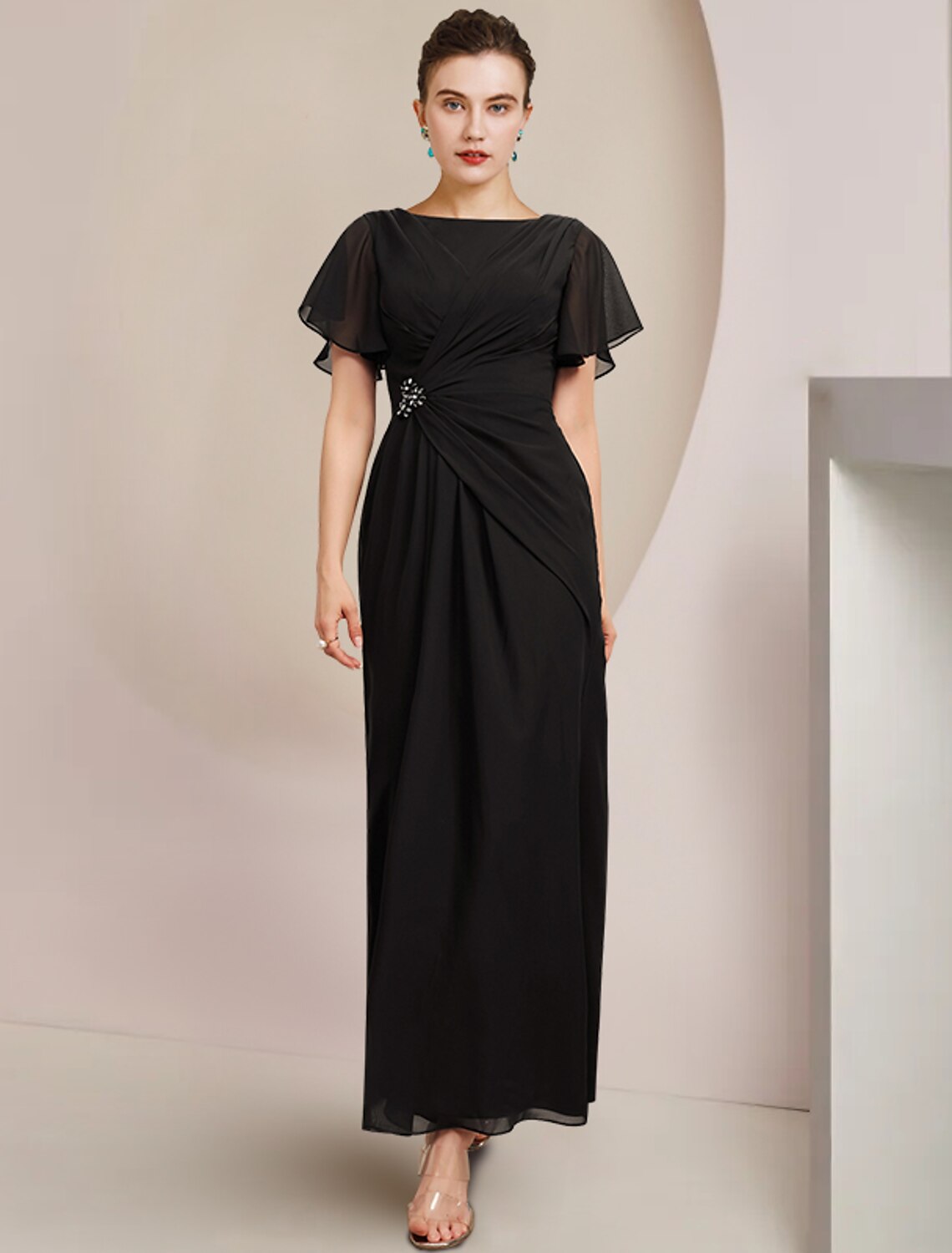 Sheath / Column Mother of the Bride Dress Wedding Guest Elegant Scoop Neck Ankle Length Chiffon Short Sleeve with Crystal Brooch Side-Drape