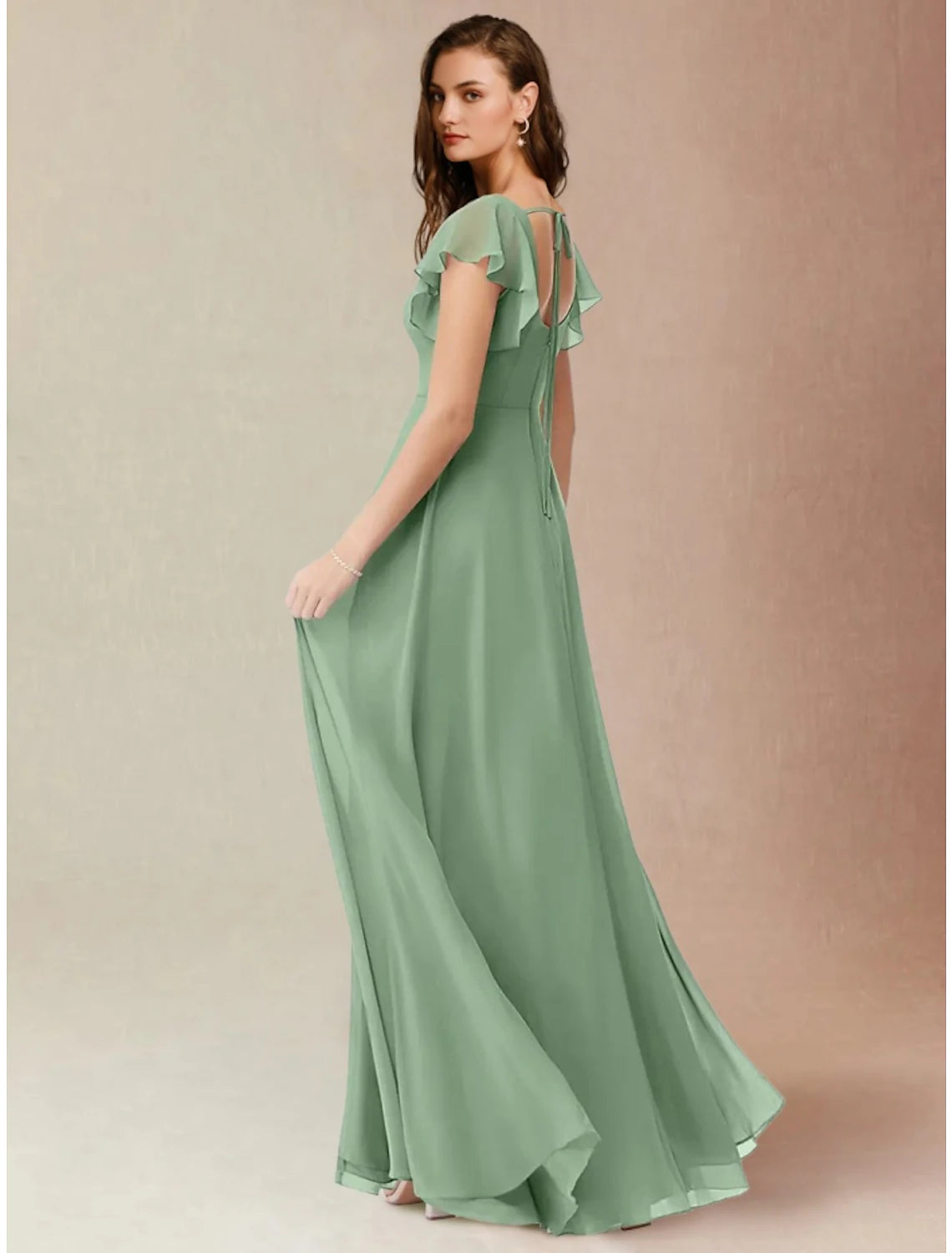 A-Line Bridesmaid Dress Square Neck Short Sleeve Elegant Floor Length Chiffon with Split Front / Ruchin