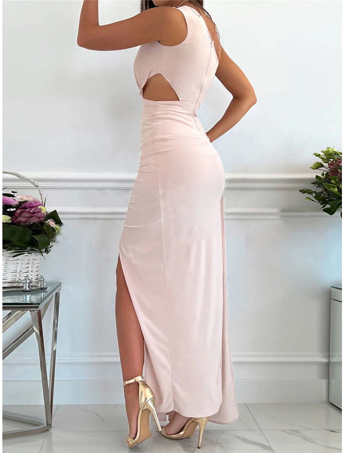 Women‘s Prom Dress Wedding Guest Party Dress Homecoming Dress Formal Dress Long Dress Maxi Dress Pink Red Green Sleeveless Pure Color Backless Summer Spring Fall One Shoulder Party Evening