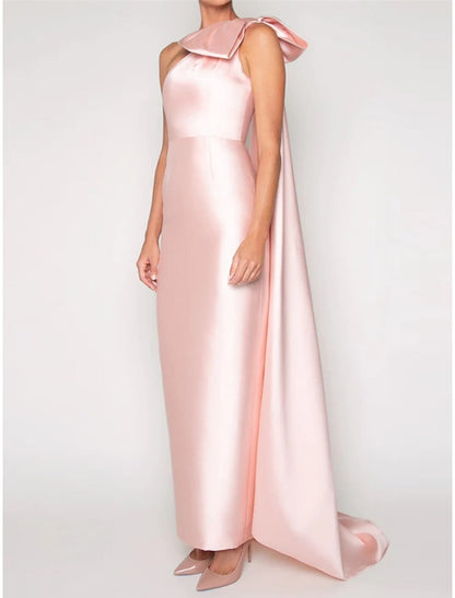 Sheath / Column Evening Gown Elegant Dress Formal Sweep / Brush Train Sleeveless One Shoulder Satin with Shouder Flower