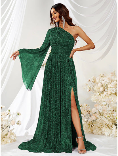 A-Line Wedding Guest Dresses Sparkle Christmas Green Dress Formal Evening Party Sweep / Brush Train Long Sleeve One Shoulder Polyester with Glitter Slit