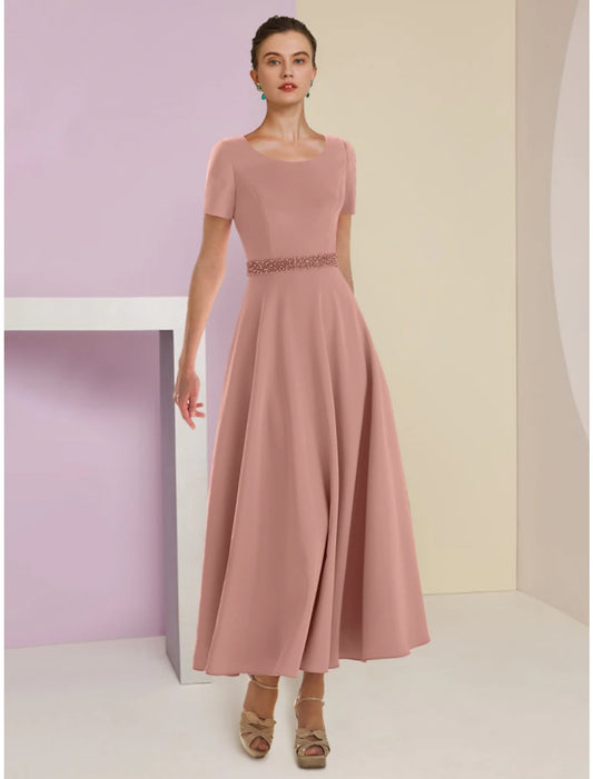 Two Piece A-Line Mother of the Bride Dress Wedding Guest Elegant Scoop Neck Ankle Length Satin 3/4 Length Sleeve with Feather Bow(s) Beading