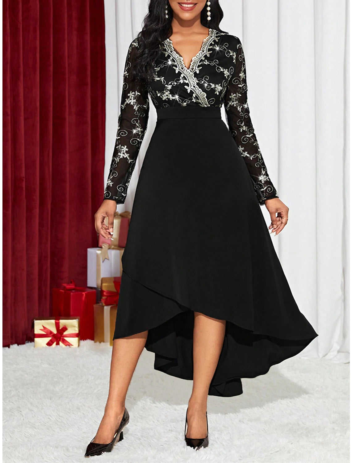 Women‘s Black Dress Prom Dress Party Dress Long Dress Maxi Dress Black Long Sleeve Lace Spring Fall Winter V Neck Fashion Wedding Guest Evening Party Black Cocktail Dress