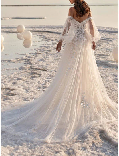 Beach Formal Wedding Dresses A-Line Off Shoulder Long Sleeve Court Train Lace Bridal Gowns With Appliques Summer Fall Wedding Party, Women's Clothing