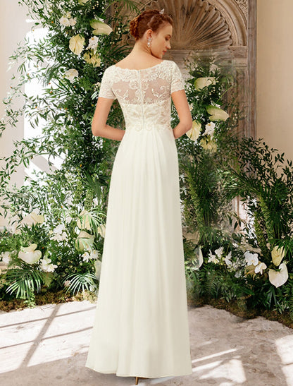 Beach Wedding Dresses A-Line V Neck Short Sleeve Floor Length Chiffon Bridal Gowns With Pleats Appliques