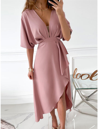 Women's Party Dress Cocktail Dress Satin Dress Midi Dress Pink Wine Half Sleeve Pure Color Ruffle Spring Fall Winter V Neck Fashion Winter Dress Wedding Guest Birthday