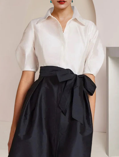 A-Line Mother of the Bride Dress Formal Wedding Guest Party Elegant Shirt Collar Floor Length Taffeta Short Sleeve with Bow(s) Color Block