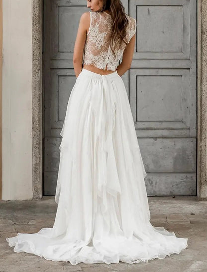 Boho Wedding Dresses Two Piece Scoop Neck Sleeveless Court Train Chiffon Bridal Suits Bridal Gowns With Appliques Solid Color