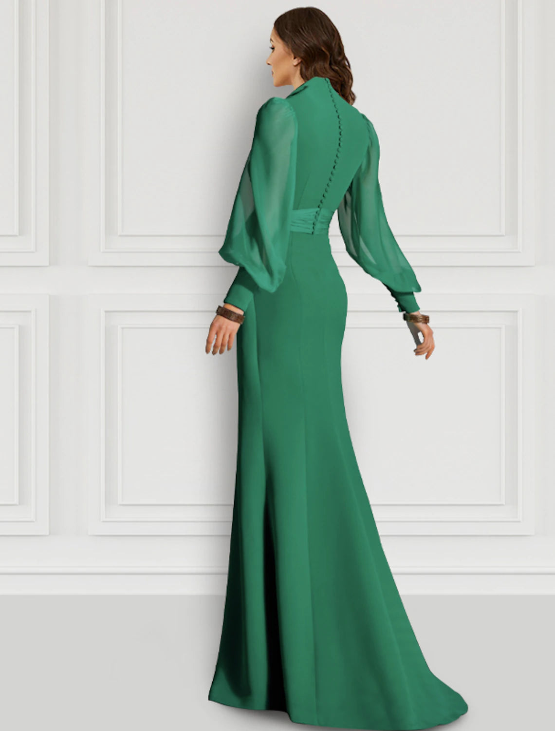 Mermaid Christmas Red Green Dress Evening Gown Elegant Dress Formal Wedding Guest Sweep / Brush Train Long Sleeve V Neck Fall Wedding Guest Chiffon with Slit Strappy