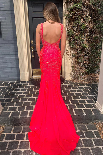 Red V Neck Mermaid Long Prom Dresses with Beaded