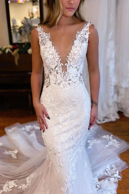 Mermaid Deep V Neck White Lace Wedding Dress with Sweep Train