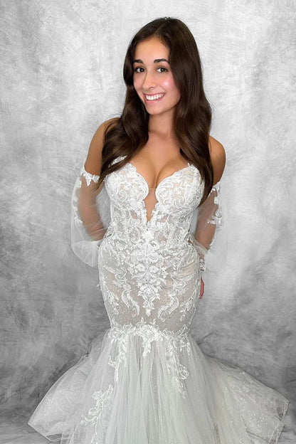 Mermaid Sweetheart Tulle Lace Wedding Dresses with Sleeves