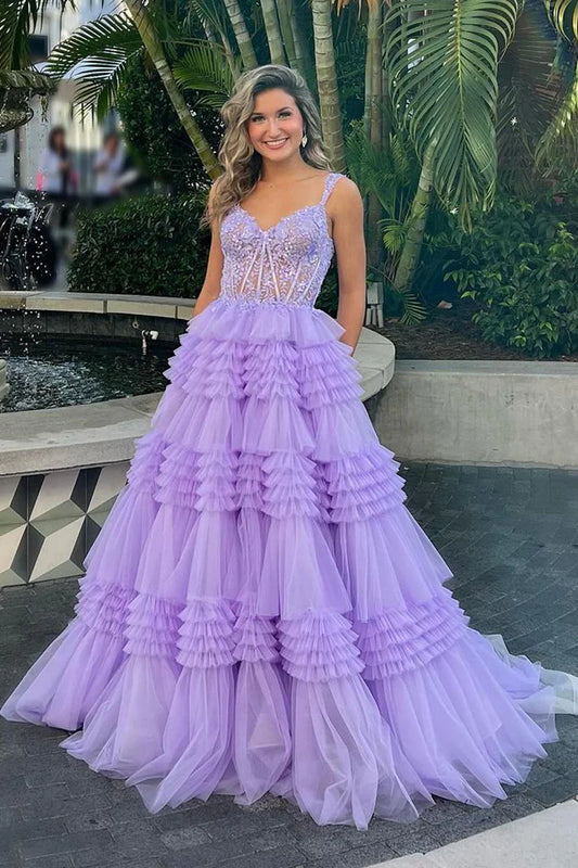 Lilac Sweetheart Ruffle Tiered Tulle A-Line Long Prom Dress