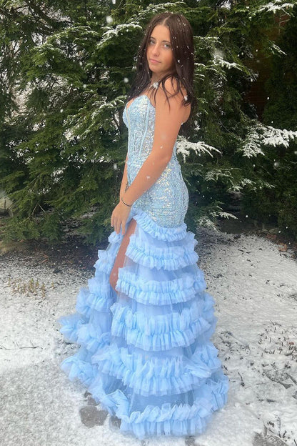 Light Blue Sweetheart Sequins Lace Prom Dresses with Slit