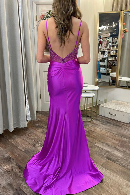 Purple Sweetheart Satin Mermaid Long Prom Dresses with Slit