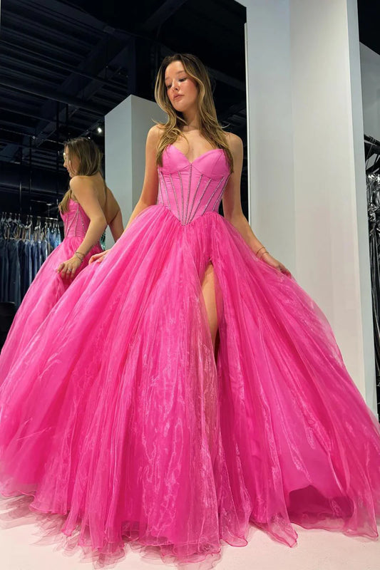 Pink Strapless Organza A-Line Long Prom Dresses with Beading