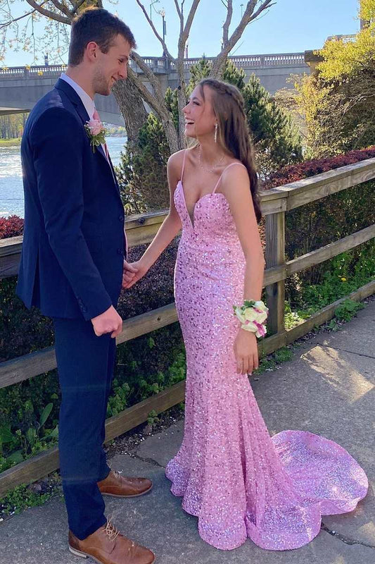 Pink Sequin Plunge V Mermaid Long Prom Dress