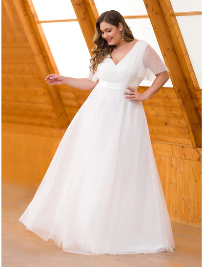 A-Line Empire Wedding Guest Prom Dress V Neck V Back Short Sleeve Floor Length Chiffon with Pleats Ruche